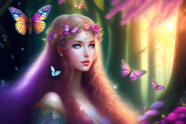 Dromerige fee in een fantasie magisch betoverd bos met vlinders Digitaal kunstwerk