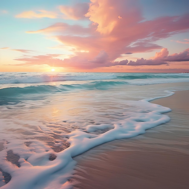 Dromerige pastelkleurige strandzonsondergang met bewolkte hemel Generatieve ai