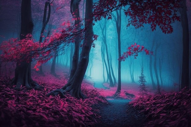 Dromerige roze mistige bossen Een mistig herfstbos is een donkere plek Verborgen bos