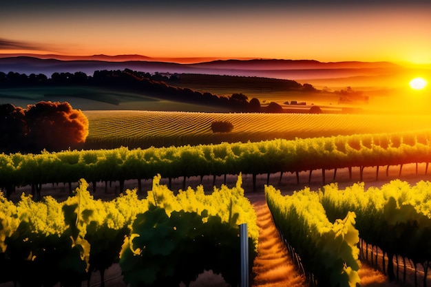 Dromerige wijngaard bij zonsondergang Gouden uur druiven op de wijnstok op een boerderij Prachtig landschap