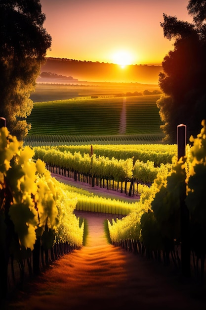 Dromerige wijngaard bij zonsondergang Gouden uur druiven op de wijnstok op een boerderij Prachtig landschap