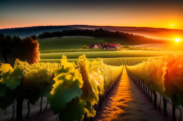 Dromerige wijngaard bij zonsondergang Gouden uur druiven op de wijnstokteelt op een boerderij Prachtig landschap