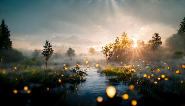 Dromerige zomer wilde rivieroever ochtend landschap neuraal netwerk gegenereerde kunst