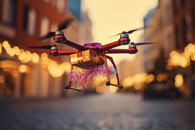 Dron carrying gift box over big city in winter aerial view