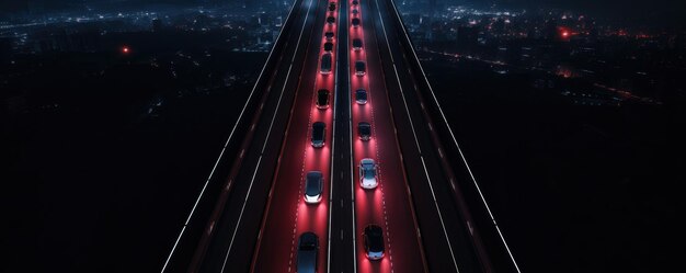 車のパノラマを備えた夜の高速道路のドローンからのドローン空撮 Generative Ai