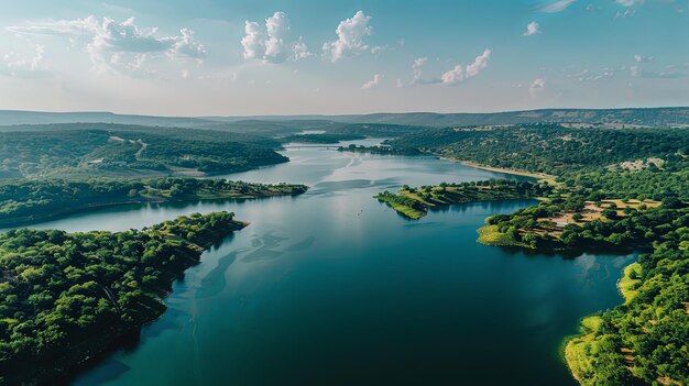 Photo a drone aerial view of a large and expansive lake surrounded by lush greenery and rolling hills showcasing the beauty and grandeur of nature39s inland waterways