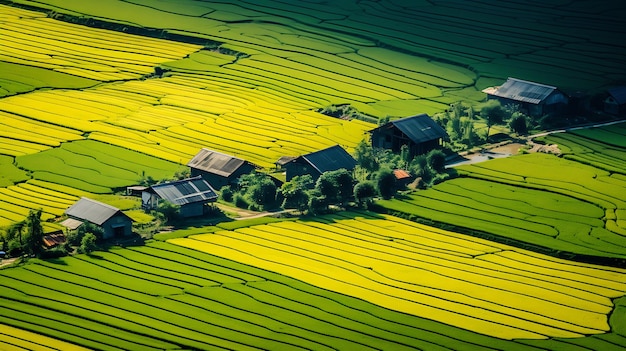 A drone aerial view of a river and green fields generative ai