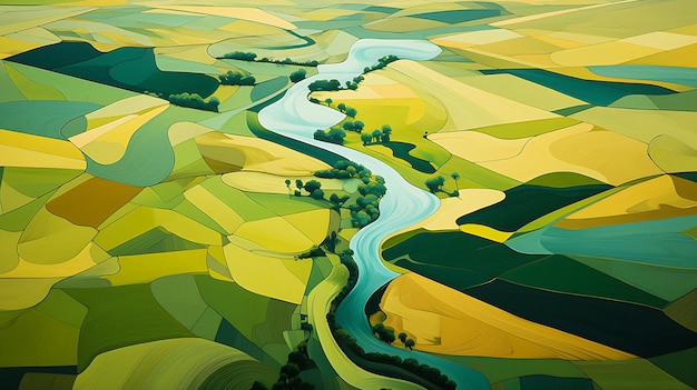 a drone aerial view of a river and green fields Generative AI