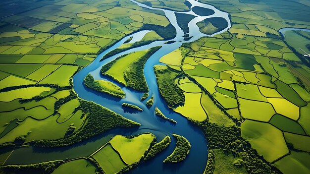 a drone aerial view of a river and green fields Generative AI