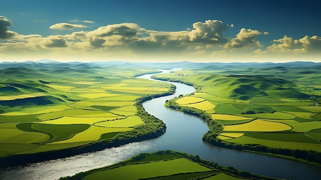 川と緑の野原のドローン空撮 生成 AI