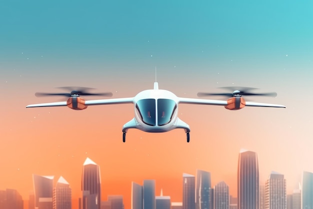 A drone Air taxi flying over a city with the word flying above it