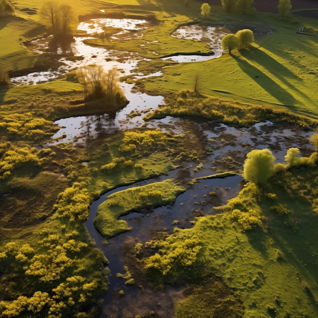 Photo drone arial photo topdoen of pond in rainforest with mist and warm light