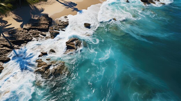 Drone bekijkt een rustig strand met palmbomen en kristalhelder water.