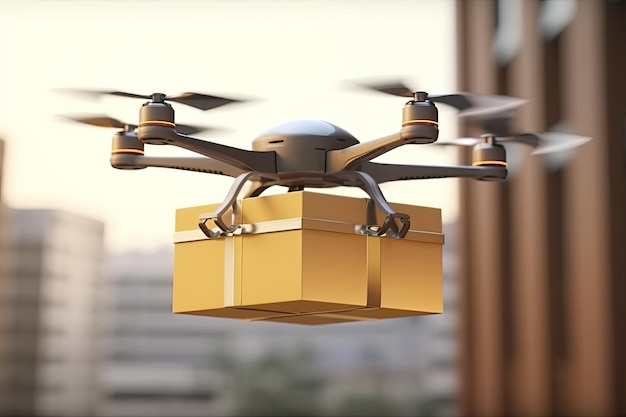 Drone bezorgen in de moderne bezorgservice van de grote stad