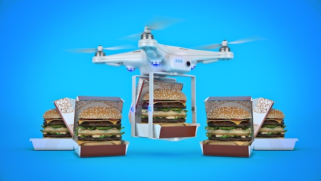 Drone Burger Delivery Concept Quadcopter transporting burger 3d rendering