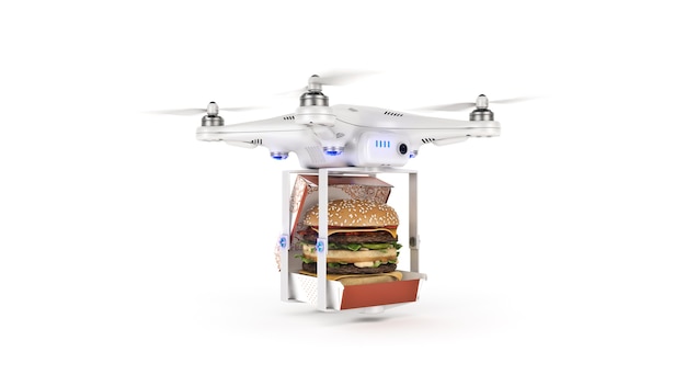 Drone Burger Delivery Concept Quadcopter vervoert hamburger 3D-rendering