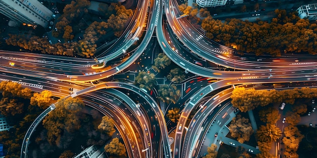 Drone captures a bustling highway interchange from a birdseye view Concept Aerial Photography Transportation Urban Landscape Drone Footage Highways