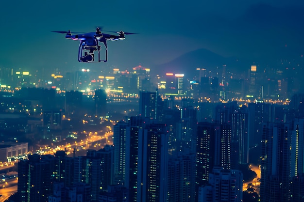 Drone above the city at summer night