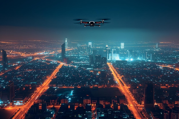 Drone above the city at summer night