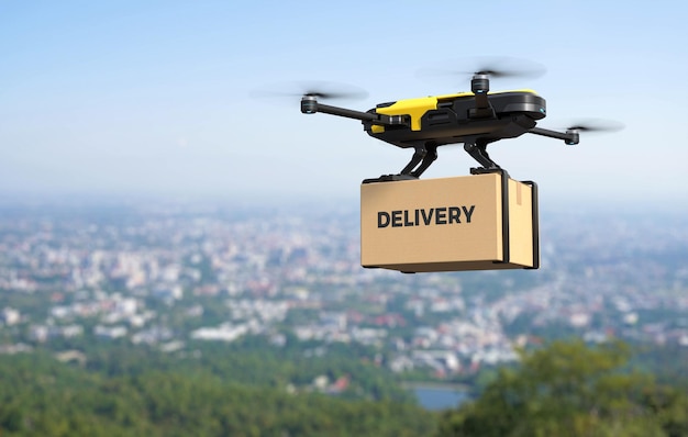 Drone delivering goods in the city Autonomous delivery robot Business air transportation concept