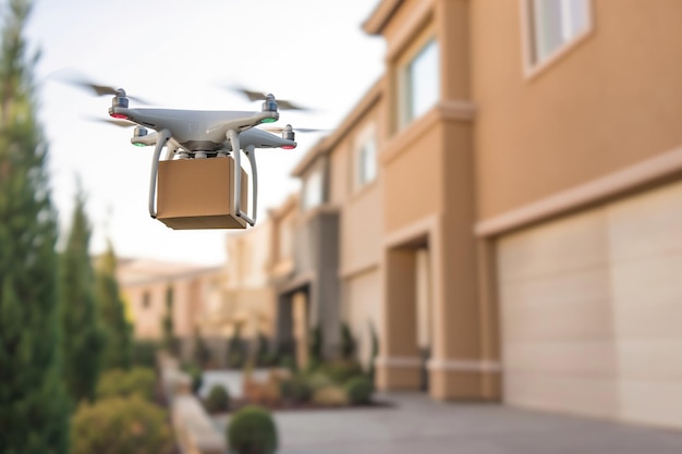 Drone delivering a package cardboard box delivery private home ownership in the countryside