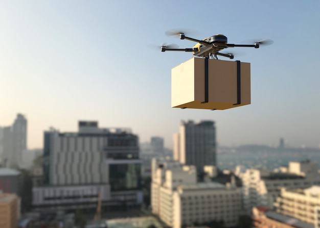 Drone delivering package into the city. Business air transportation.