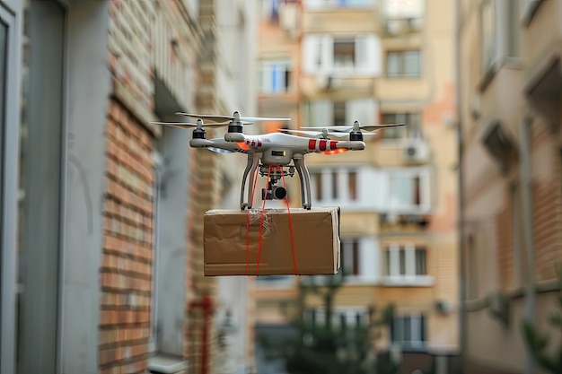 Photo the drone delivers the package to the recipients home