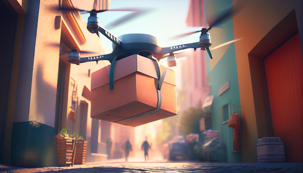 Drone delivery delivering parcel package into urban city UAV drone deliver give to costumer in home Online shopping and Express delivery transport service concept Generative AI illustration