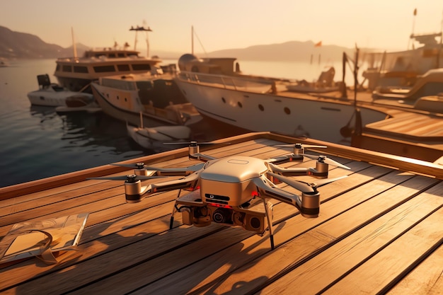 A drone on a dock with boats in the background