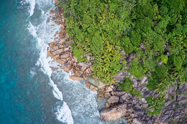 Foto campo visivo del drone delle onde che si schiantano contro le scogliere lungo la costa delle seychelles