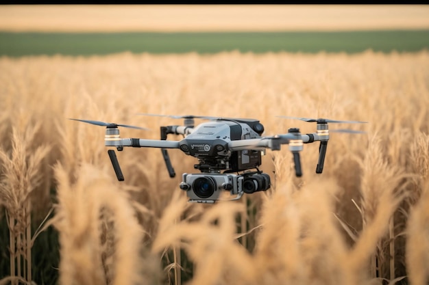 A drone in a field of wheat with a black frame.