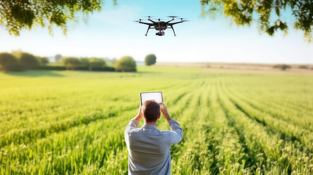 Drone flies over agricultural fields by Generative AI