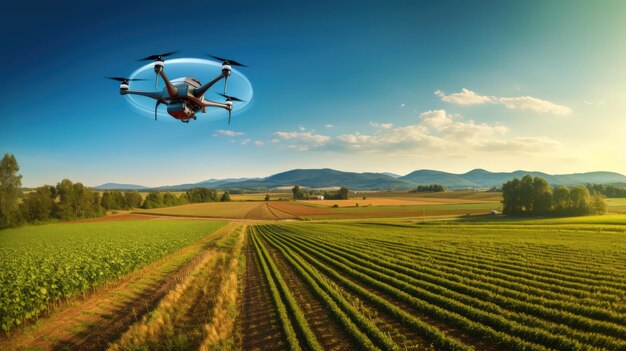 Drone flies over agricultural fields by Generative AI