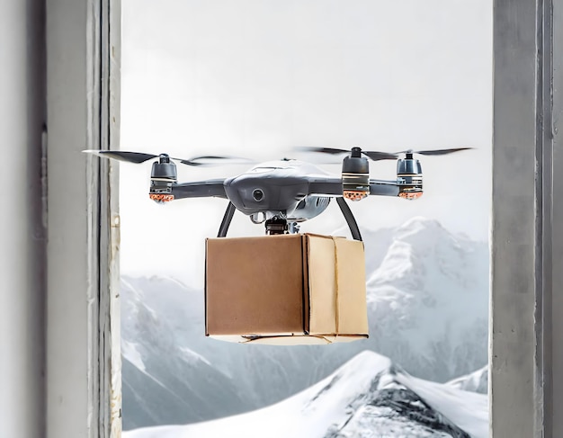 写真 ドローンが飛んで紙箱を運ぶ未来の貨物船の輸送市内の荷物配達