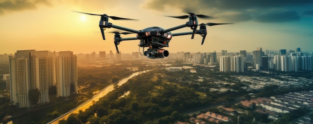 Drone flies over city with aerial top view futuristic panorama Generative Ai