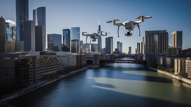 A drone flies over a city with a city in the background.