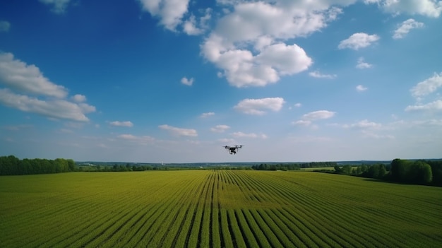 A drone flies over a field of crops with a blue sky in the background.