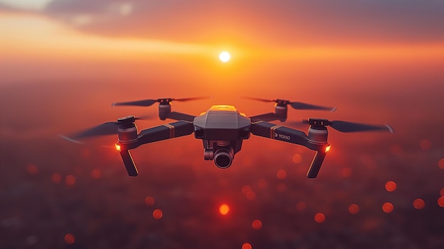 A drone flies over a field at sunset