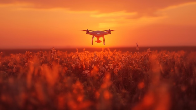 A drone flies over a field at sunset