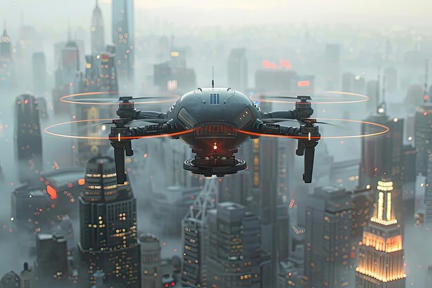 A drone flies over a fogcovered city