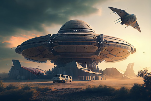 Drone flies over futuristic ufo cosmodrome with alien craft in the background