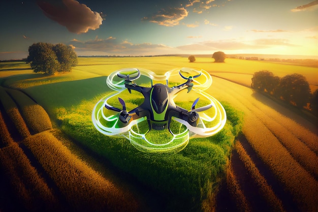 Drone flies in the sky over rice and wheat fields technology in the agricultural business automatic crop management green technology of the future Generative AI