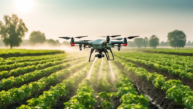 drone flies and sprays green plants in the beds