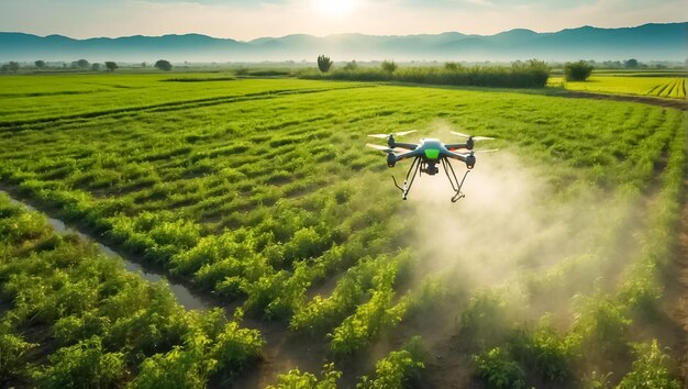 drone flies and sprays green plants in the beds