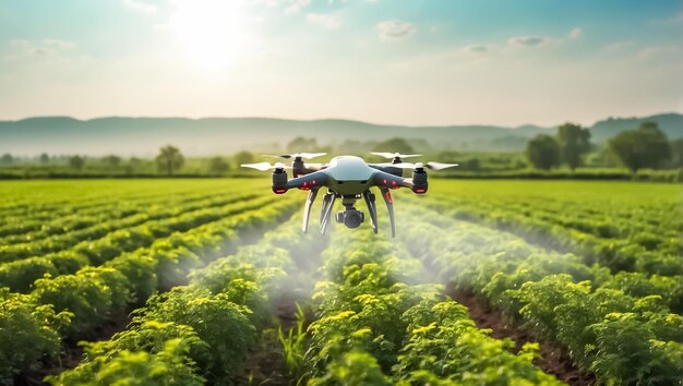 drone flies and sprays green plants in the beds