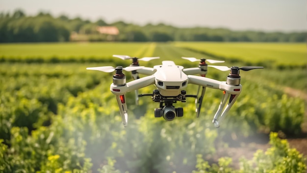 drone flies and sprays green plants in the beds