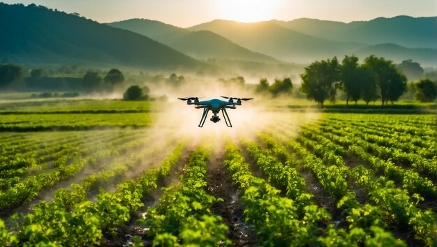 drone flies and sprays green plants in the beds