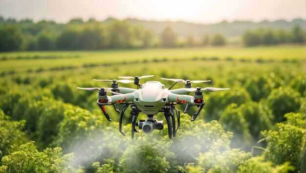 drone flies and sprays green plants in the beds