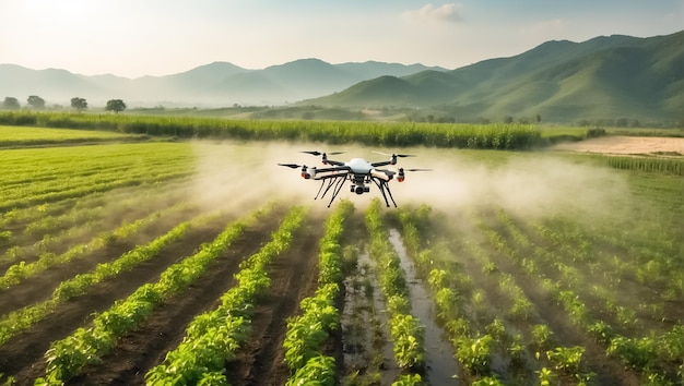 Photo drone flies and sprays green plants in the beds