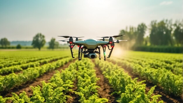 drone flies and sprays green plants in the beds